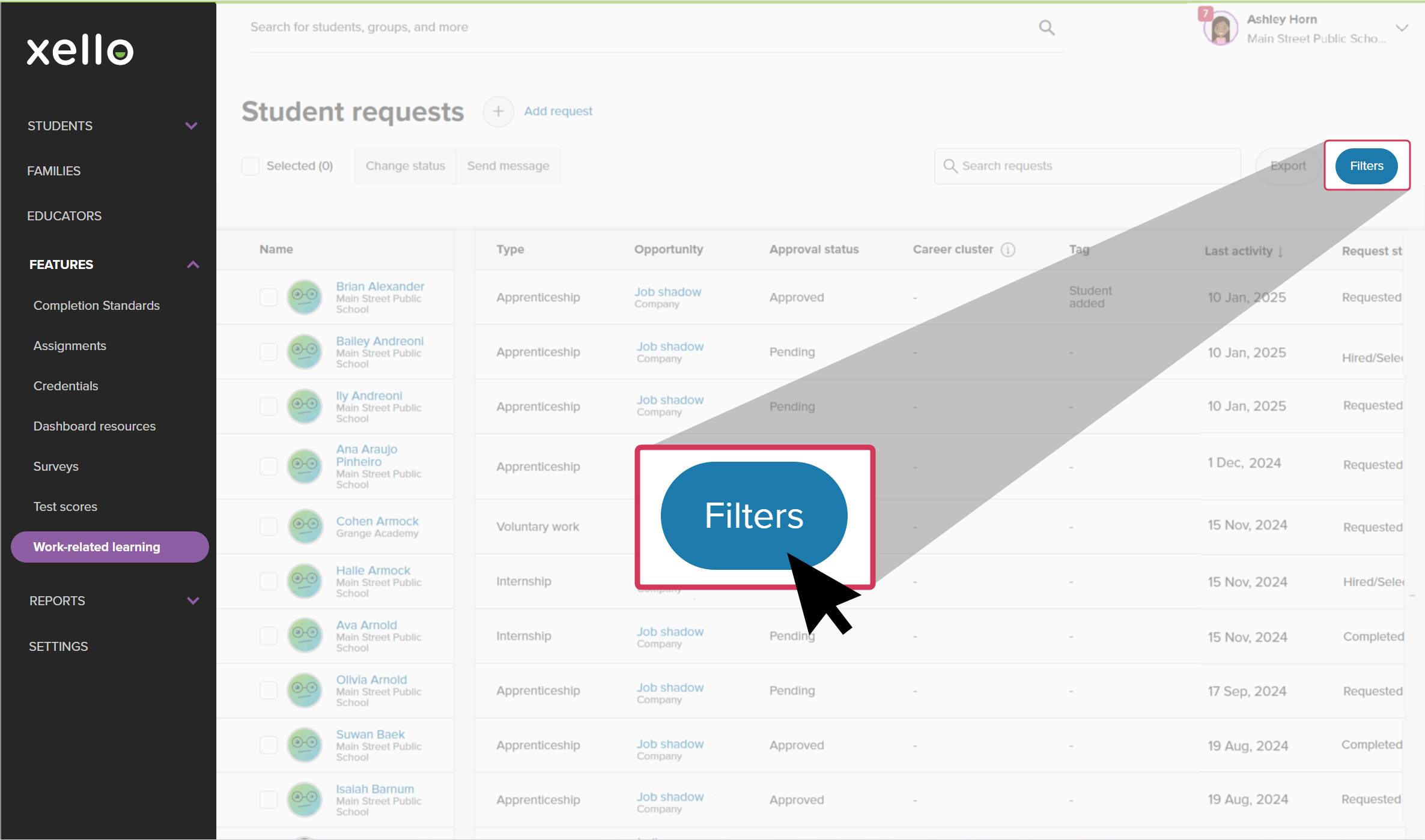 Requests page with the Filters button highlighted
